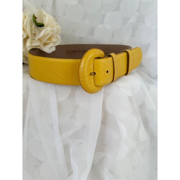 Vintage Donna Karen WIDE Leather Belt Mustard Gold Lizard Embossed Small ITALY - Picture 3 of 7